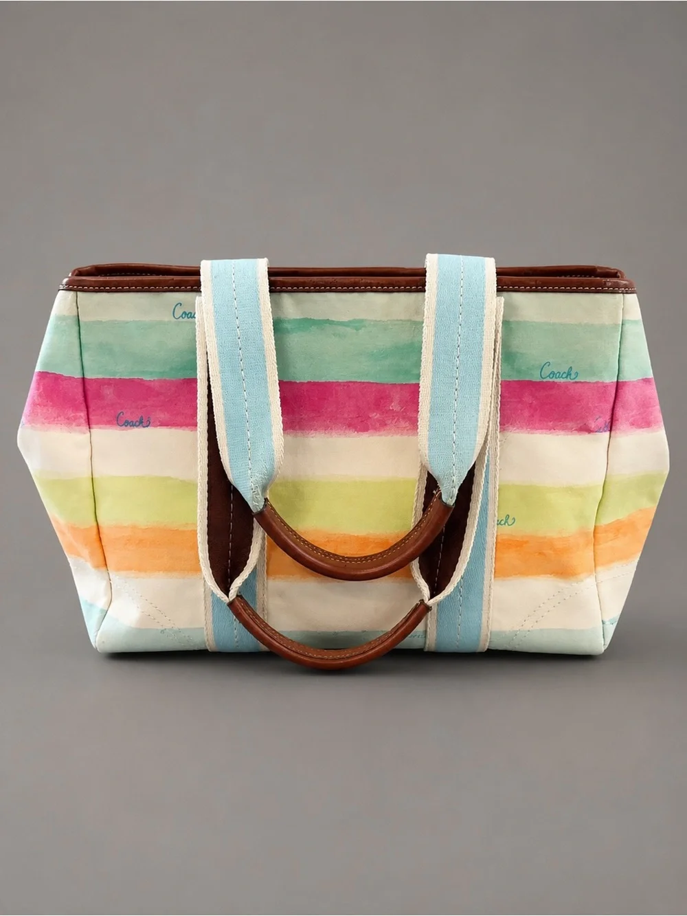 Coach Pastel Striped Canvas Tote Bag – Multicolor Watercolor Print 13”x10”